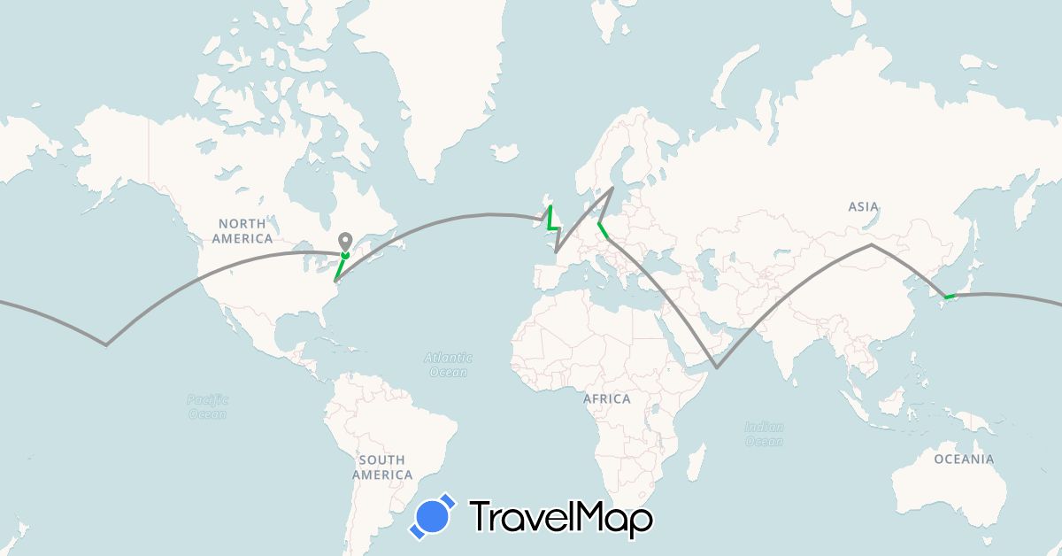 TravelMap itinerary: driving, bus, plane in Canada, Czech Republic, Germany, France, United Kingdom, Ireland, Japan, Mongolia, Sweden, United States, Yemen (Asia, Europe, North America)
